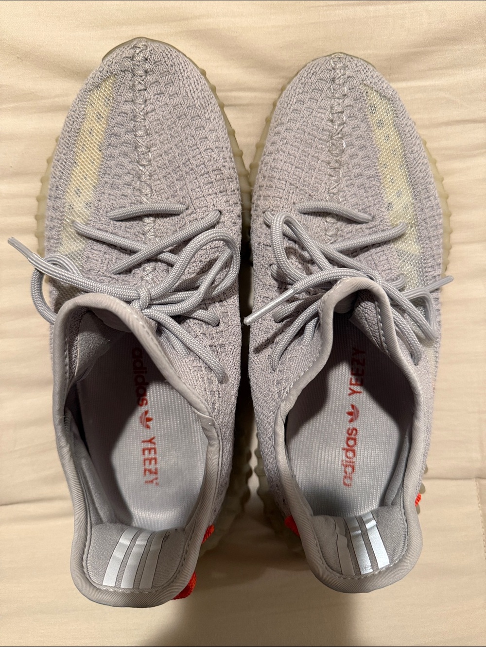 Yeezy Men's Light Grey Knit Sneakers with Cream Stripe and Orange Tabs
